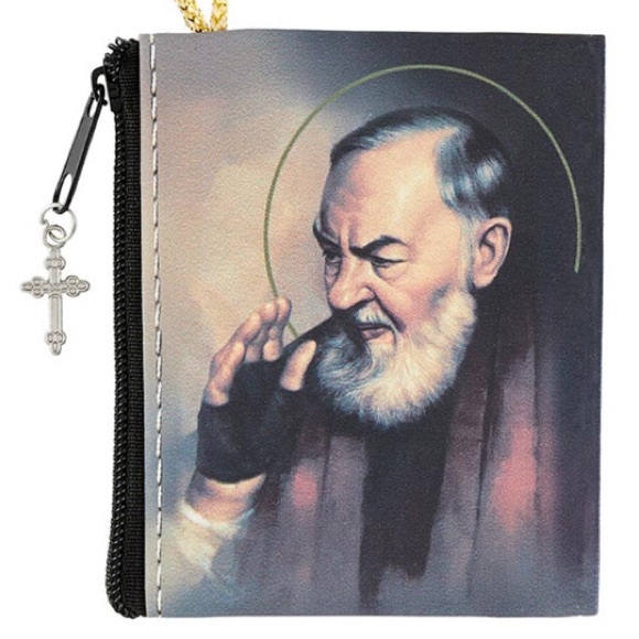 Padre Pío St Pío Faux leather Rosary case pouch with gold cord loop and cross - Picture 3 of 3